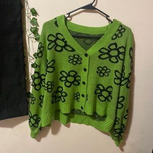 Black and White V Neck Floral Cardigan